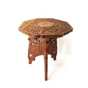 Vintage Hand Carved Folding Teak Stand Trivet Floral Design & Inlay India 9.5"